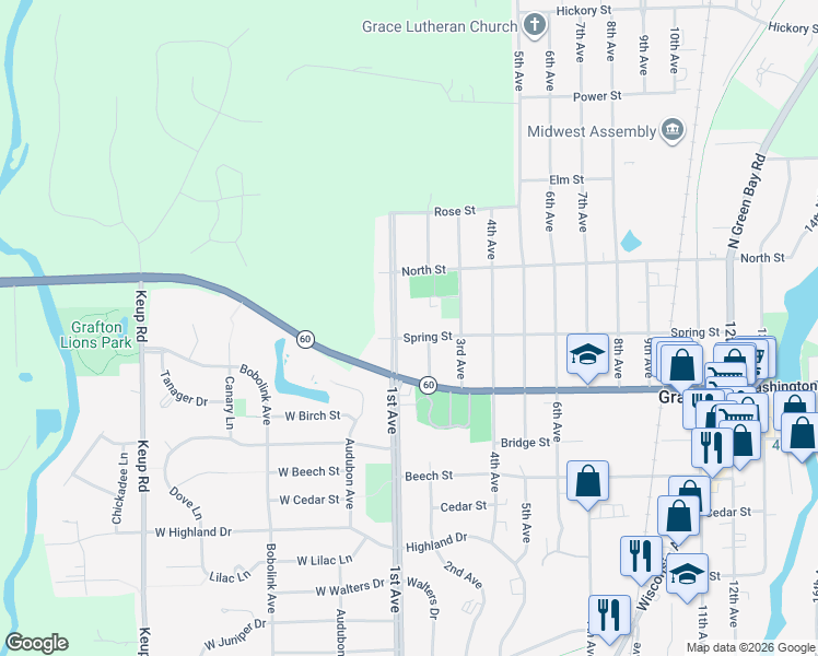 map of restaurants, bars, coffee shops, grocery stores, and more near 112 Spring Street in Grafton