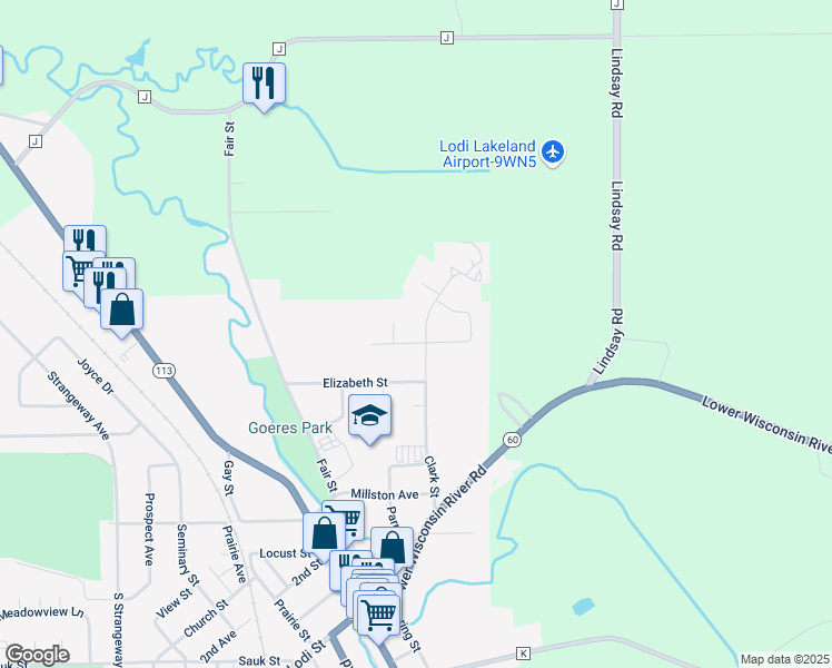 map of restaurants, bars, coffee shops, grocery stores, and more near 305 North Hill Street in Lodi