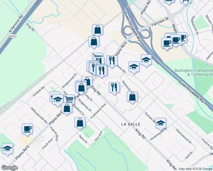 map of restaurants, bars, coffee shops, grocery stores, and more near 1604 Warwick Court in Burlington