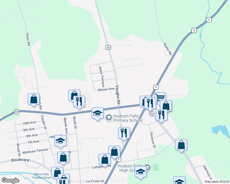 map of restaurants, bars, coffee shops, grocery stores, and more near 83 Vaughn Road in Hudson Falls