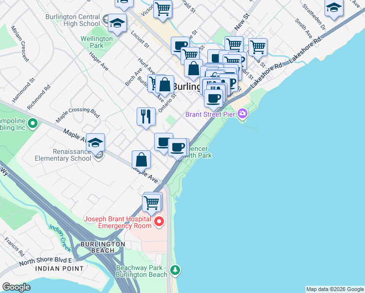 map of restaurants, bars, coffee shops, grocery stores, and more near 1363 Lakeshore Road in Burlington