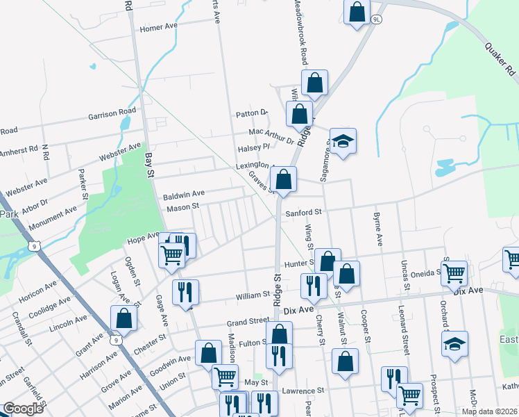 map of restaurants, bars, coffee shops, grocery stores, and more near 126 Sanford Street in Glens Falls