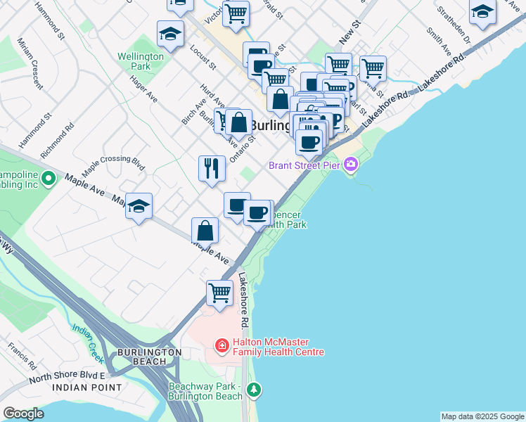 map of restaurants, bars, coffee shops, grocery stores, and more near 1363 Lakeshore Road in Burlington