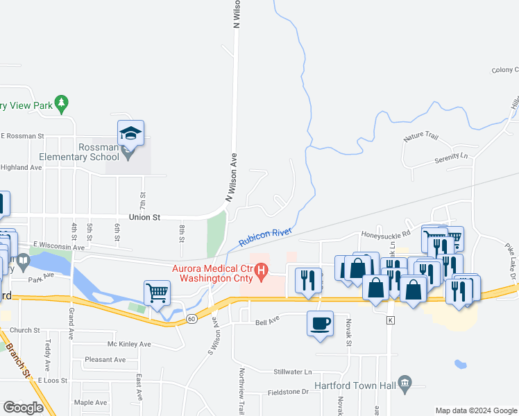 map of restaurants, bars, coffee shops, grocery stores, and more near 1126 Riverbend Drive in Hartford