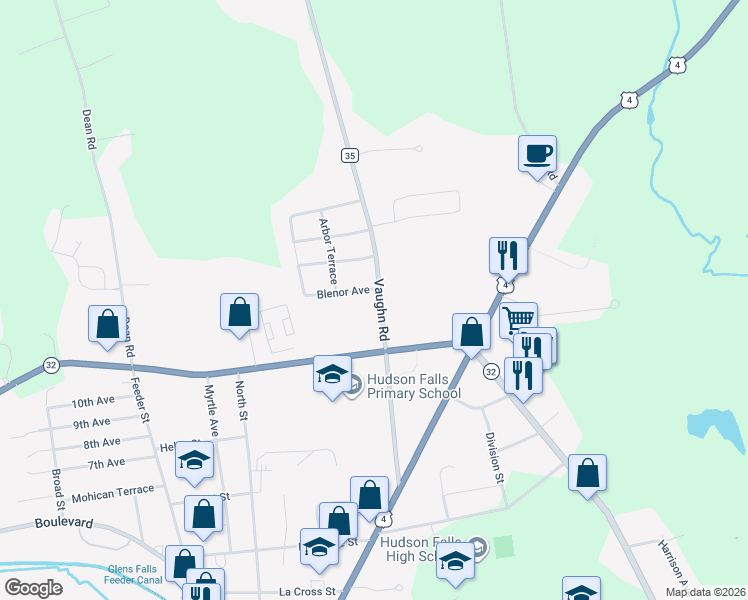 map of restaurants, bars, coffee shops, grocery stores, and more near 83 Vaughn Road in Hudson Falls