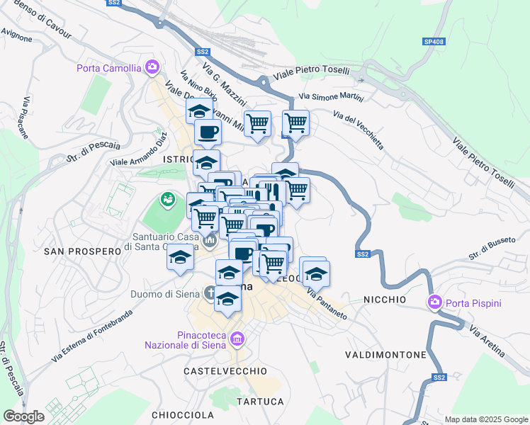 map of restaurants, bars, coffee shops, grocery stores, and more near Via Mezzo in Siena