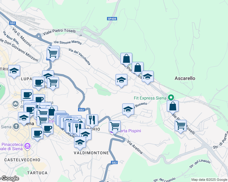 map of restaurants, bars, coffee shops, grocery stores, and more near 70 Via Duccio di Boninsegna in Siena
