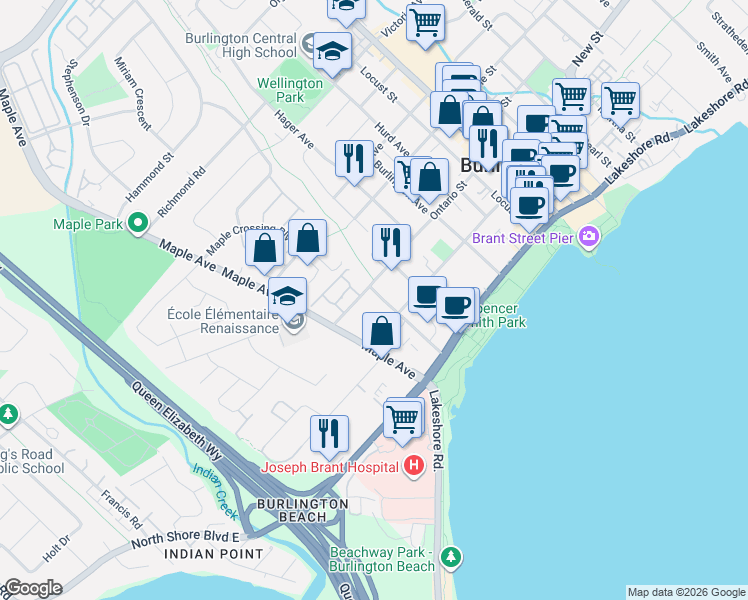 map of restaurants, bars, coffee shops, grocery stores, and more near 500 Brock Avenue in Burlington