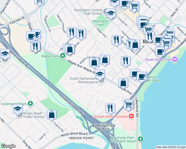 map of restaurants, bars, coffee shops, grocery stores, and more near 586 Maple Avenue in Burlington