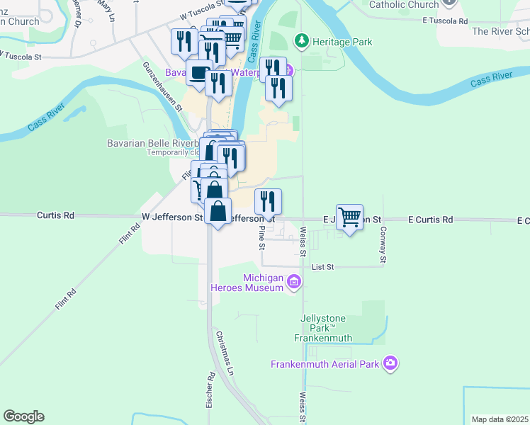 map of restaurants, bars, coffee shops, grocery stores, and more near 174 East Jefferson Street in Frankenmuth