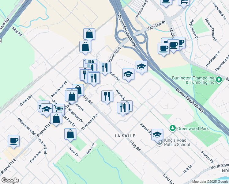 map of restaurants, bars, coffee shops, grocery stores, and more near 705 Surrey Lane in Burlington