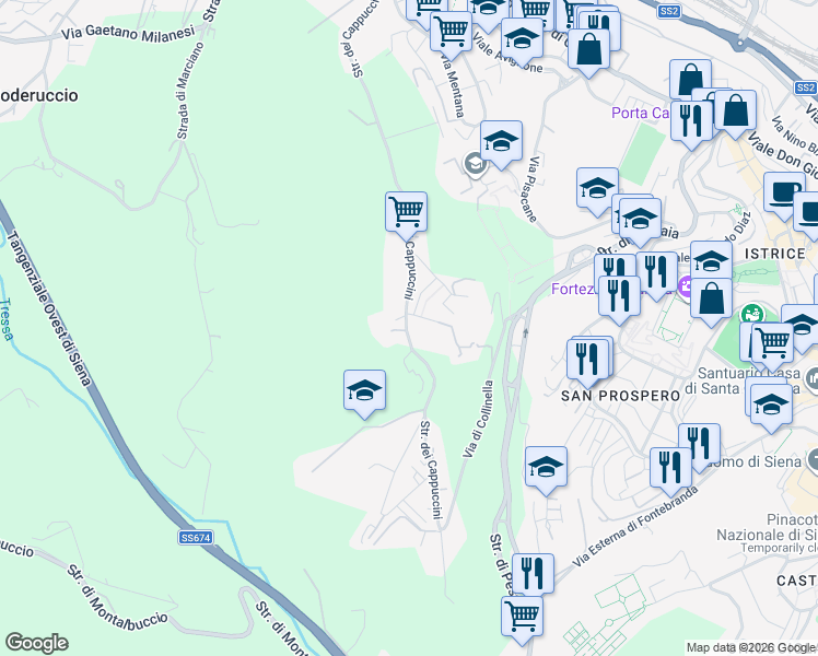 map of restaurants, bars, coffee shops, grocery stores, and more near in Siena