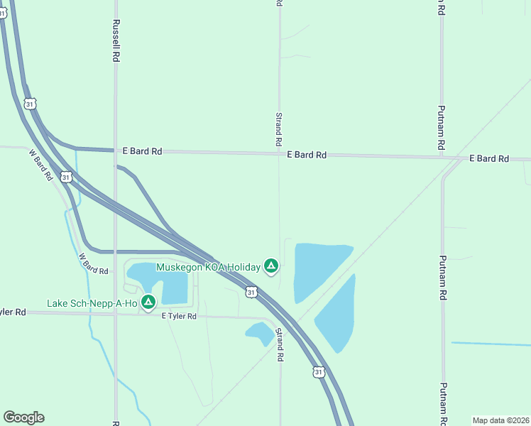 map of restaurants, bars, coffee shops, grocery stores, and more near 3619 Strand Road in Muskegon