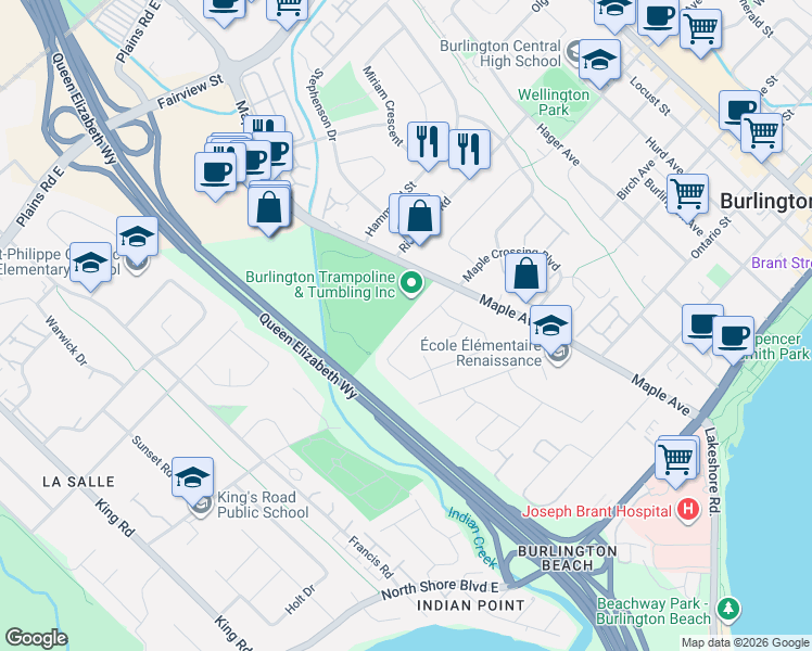 map of restaurants, bars, coffee shops, grocery stores, and more near 1078 Augustus Drive in Burlington