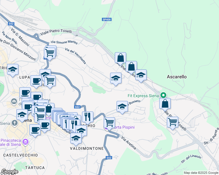 map of restaurants, bars, coffee shops, grocery stores, and more near 70 Via Duccio di Boninsegna in Siena