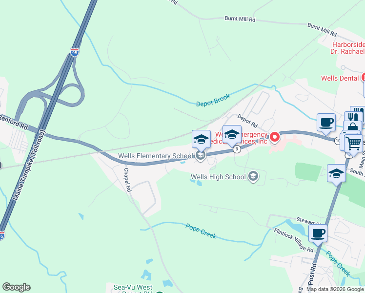 map of restaurants, bars, coffee shops, grocery stores, and more near 317 Sanford Road in Wells