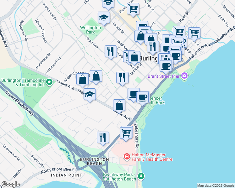 map of restaurants, bars, coffee shops, grocery stores, and more near 500 Brock Avenue in Burlington