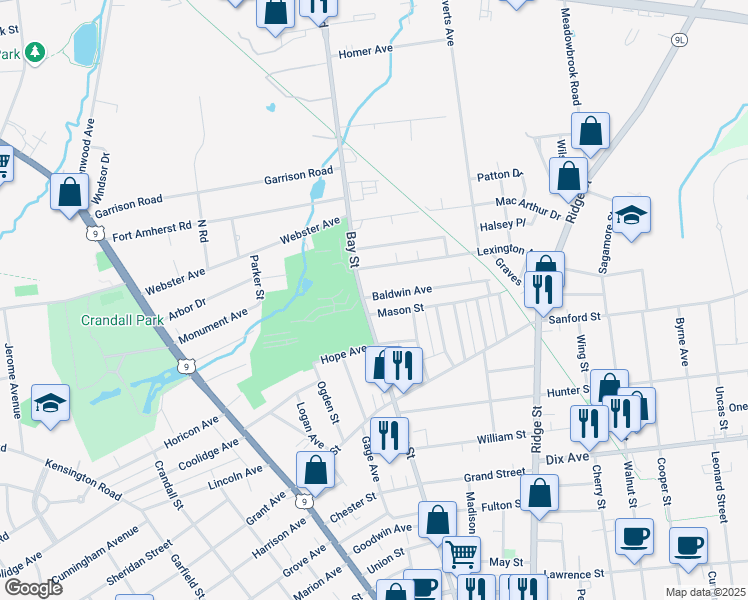 map of restaurants, bars, coffee shops, grocery stores, and more near 5 Mason Street in Glens Falls