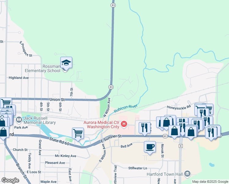 map of restaurants, bars, coffee shops, grocery stores, and more near 410 North Wilson Avenue in Hartford