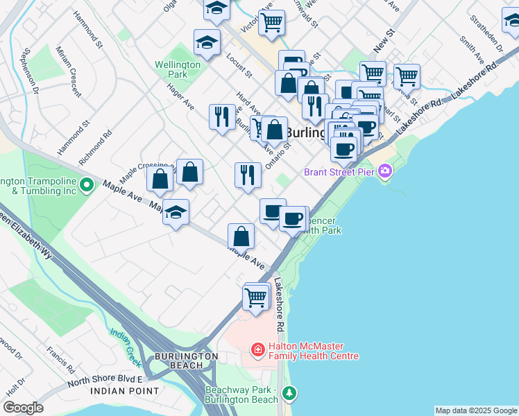 map of restaurants, bars, coffee shops, grocery stores, and more near 470 Nelson Avenue in Burlington