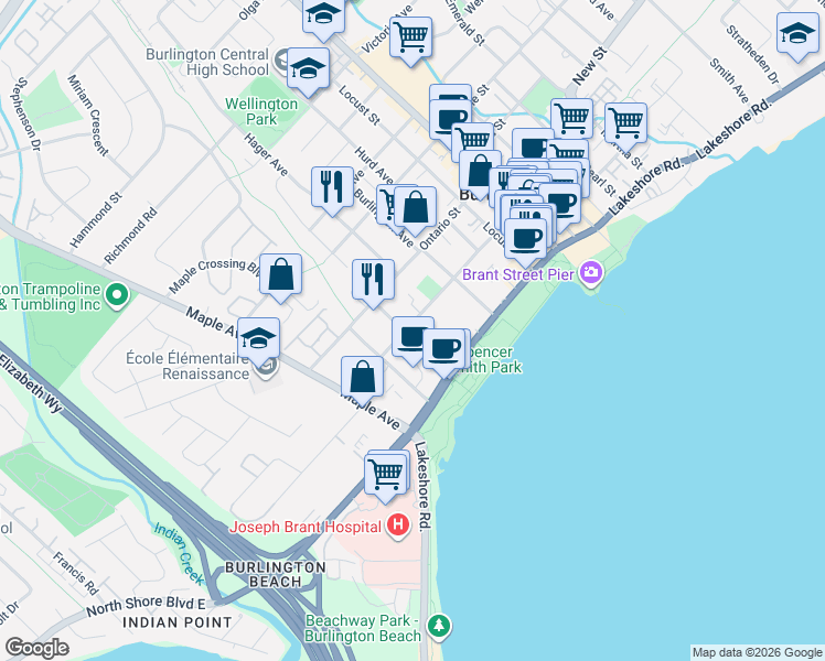 map of restaurants, bars, coffee shops, grocery stores, and more near 455 Nelson Avenue in Burlington