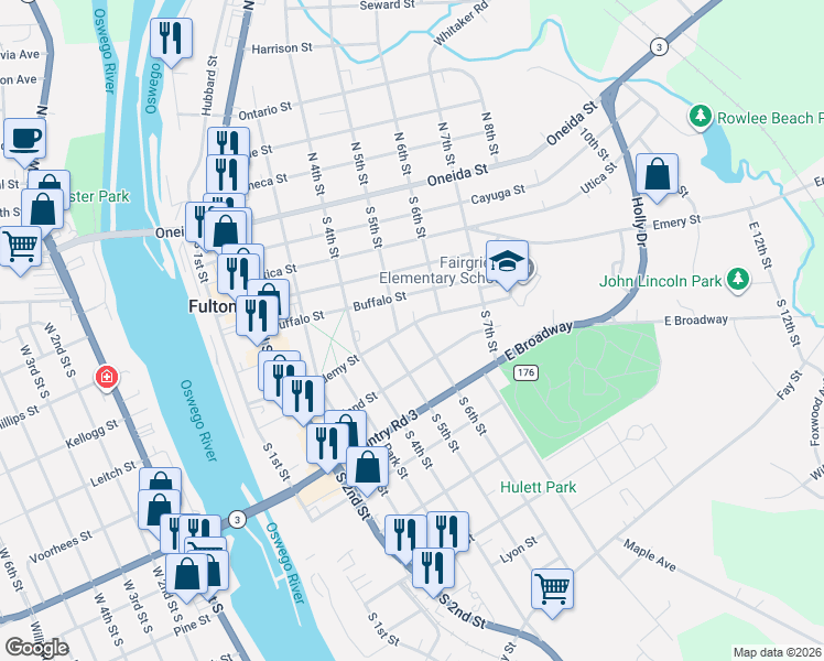 map of restaurants, bars, coffee shops, grocery stores, and more near 514 Academy Street in Fulton