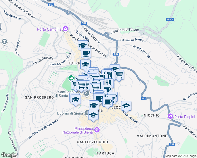 map of restaurants, bars, coffee shops, grocery stores, and more near 28 Via dei Montanini in Siena