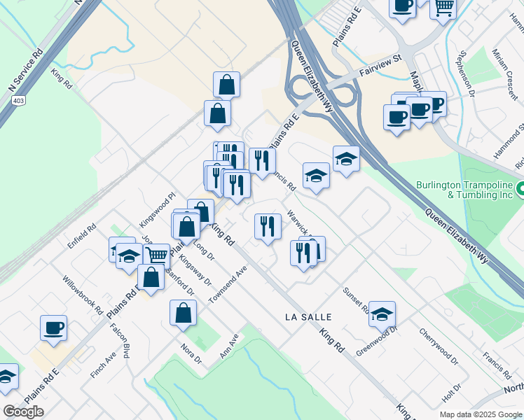 map of restaurants, bars, coffee shops, grocery stores, and more near 685 Surrey Lane in Burlington