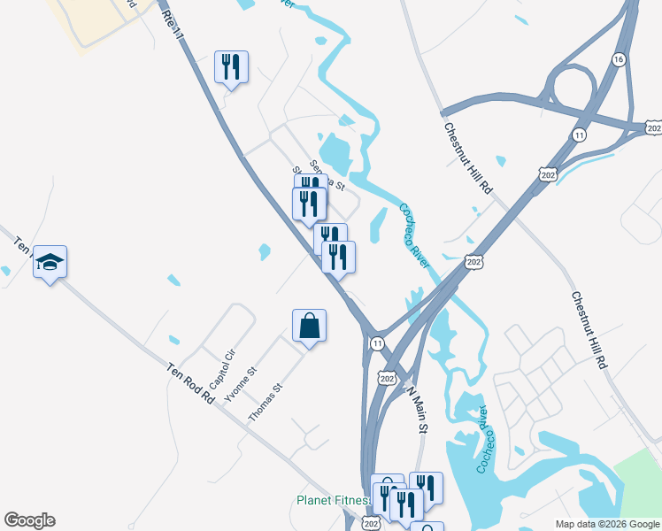 map of restaurants, bars, coffee shops, grocery stores, and more near 7 Farmington Road in Rochester