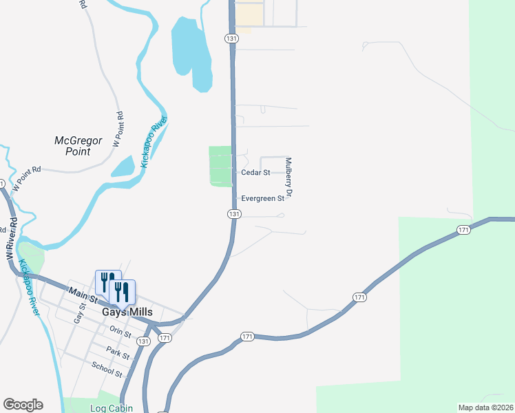 map of restaurants, bars, coffee shops, grocery stores, and more near 118 Evergreen Street in Gays Mills