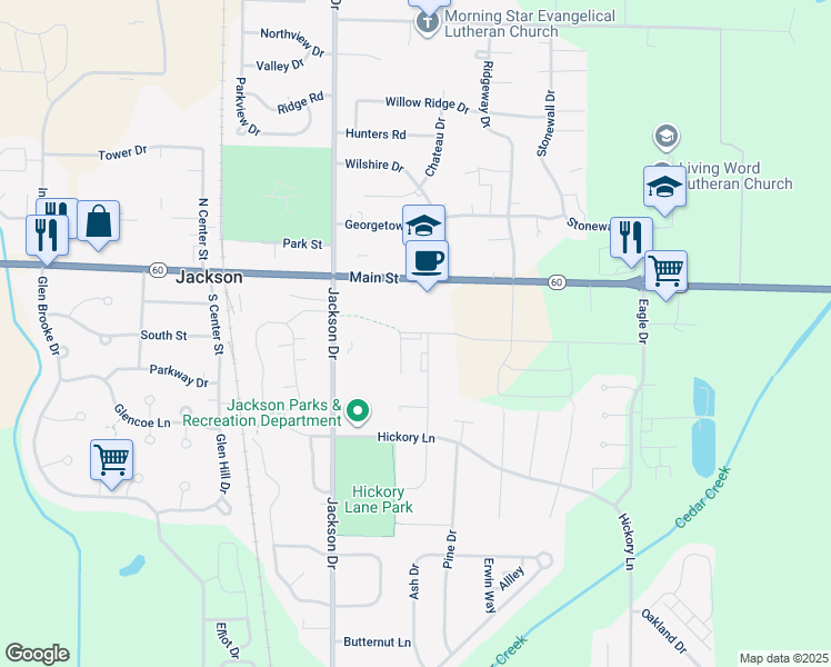 map of restaurants, bars, coffee shops, grocery stores, and more near N167W20190 Spruce Street in Jackson