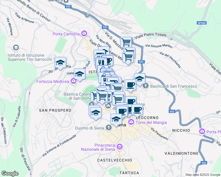 map of restaurants, bars, coffee shops, grocery stores, and more near 12 Via Stufasecca in Siena