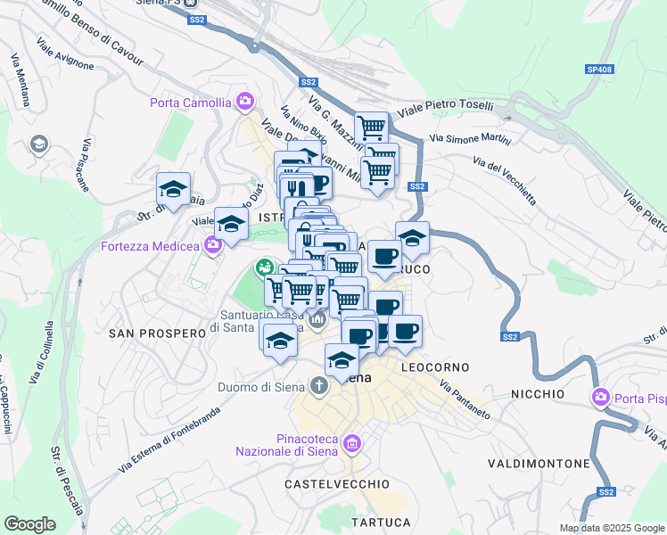 map of restaurants, bars, coffee shops, grocery stores, and more near 12 Via Stufasecca in Siena