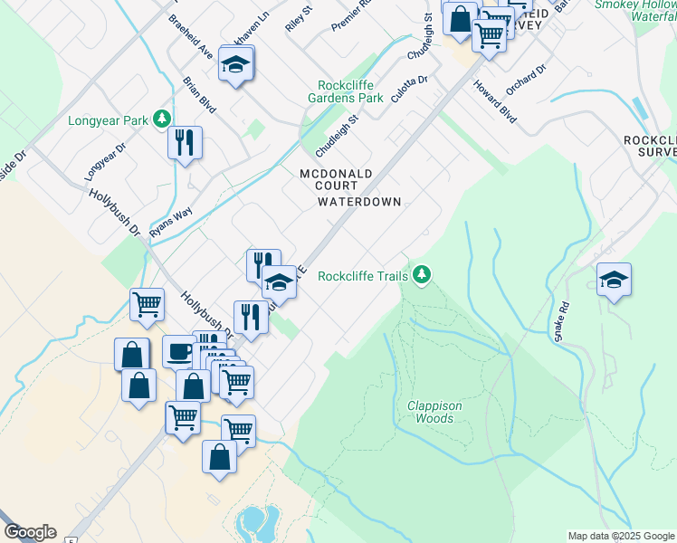 map of restaurants, bars, coffee shops, grocery stores, and more near 106 Overdale Avenue in Hamilton