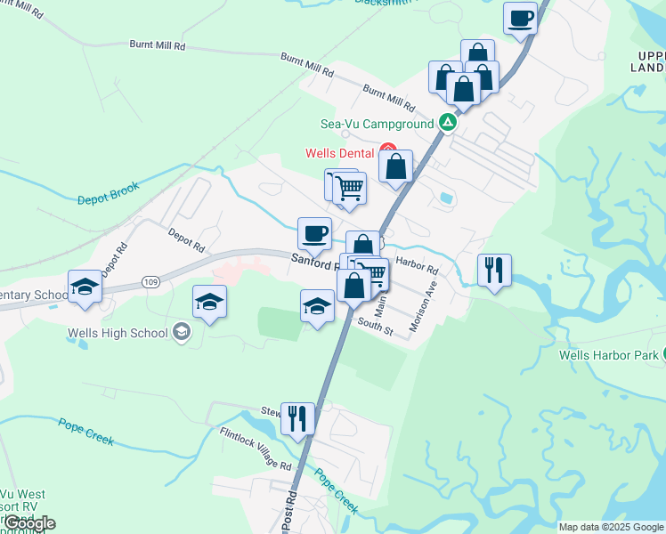 map of restaurants, bars, coffee shops, grocery stores, and more near 276 Sanford Road in Wells
