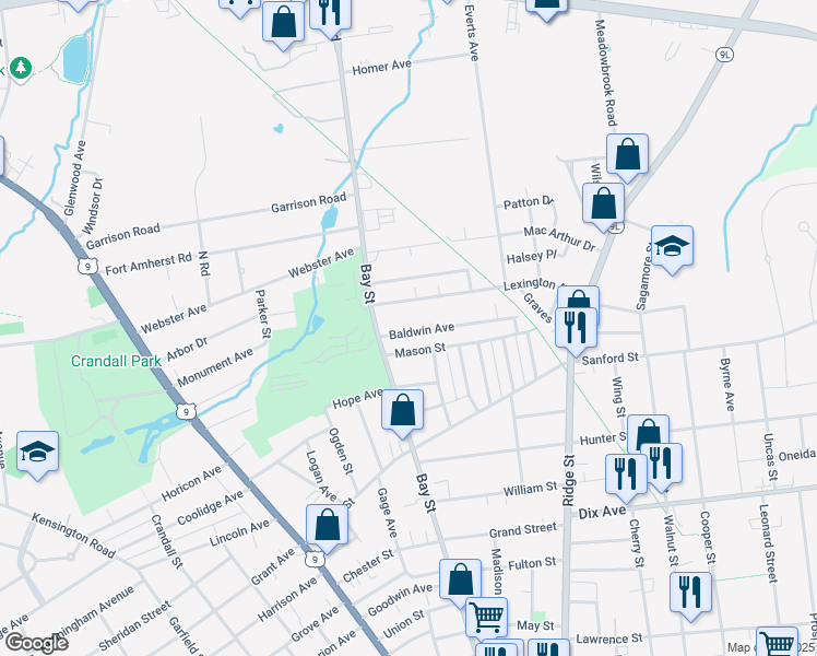map of restaurants, bars, coffee shops, grocery stores, and more near 11 Lexington Avenue in Glens Falls