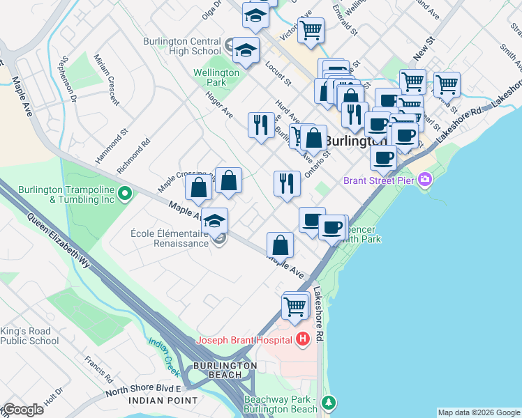 map of restaurants, bars, coffee shops, grocery stores, and more near 1305 Ontario Street in Burlington