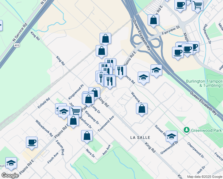 map of restaurants, bars, coffee shops, grocery stores, and more near 650 Plains Road East in Burlington