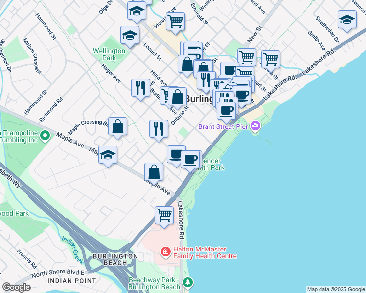 map of restaurants, bars, coffee shops, grocery stores, and more near 1366 Elgin Street in Burlington