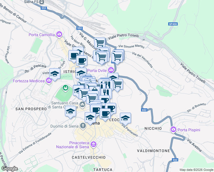 map of restaurants, bars, coffee shops, grocery stores, and more near Via degli Orti in Siena