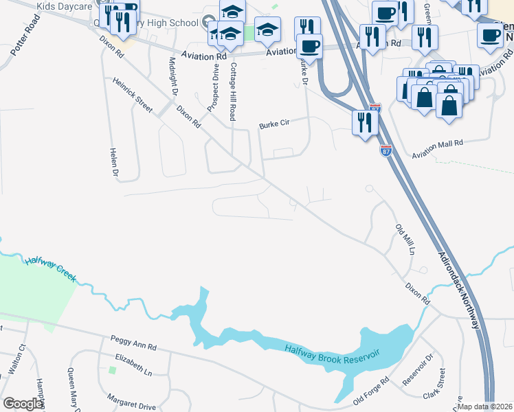 map of restaurants, bars, coffee shops, grocery stores, and more near 3 Reginald Drive in Queensbury