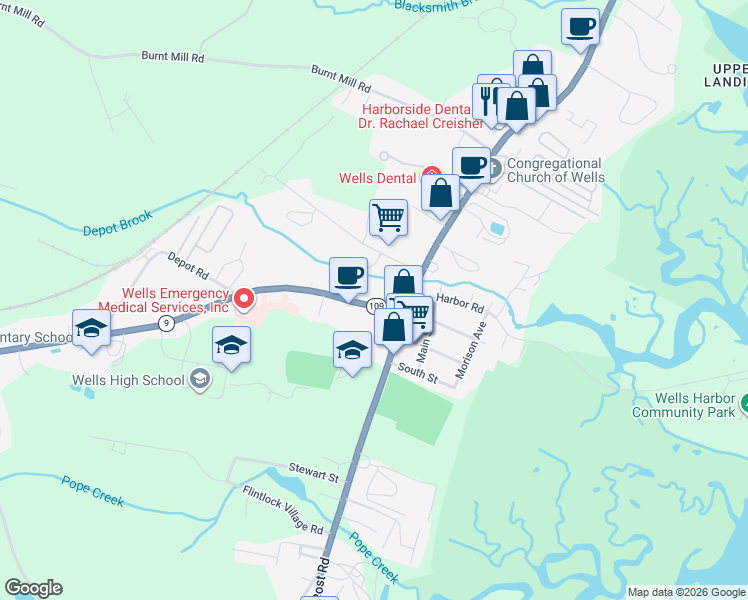 map of restaurants, bars, coffee shops, grocery stores, and more near 362 Harbor Road in Wells