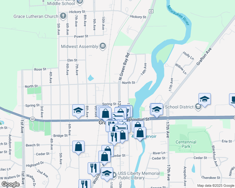 map of restaurants, bars, coffee shops, grocery stores, and more near 1033 12th Avenue in Grafton