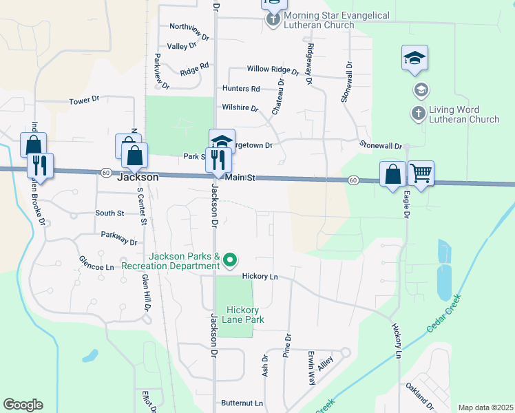map of restaurants, bars, coffee shops, grocery stores, and more near N167W20190 Spruce Street in Jackson