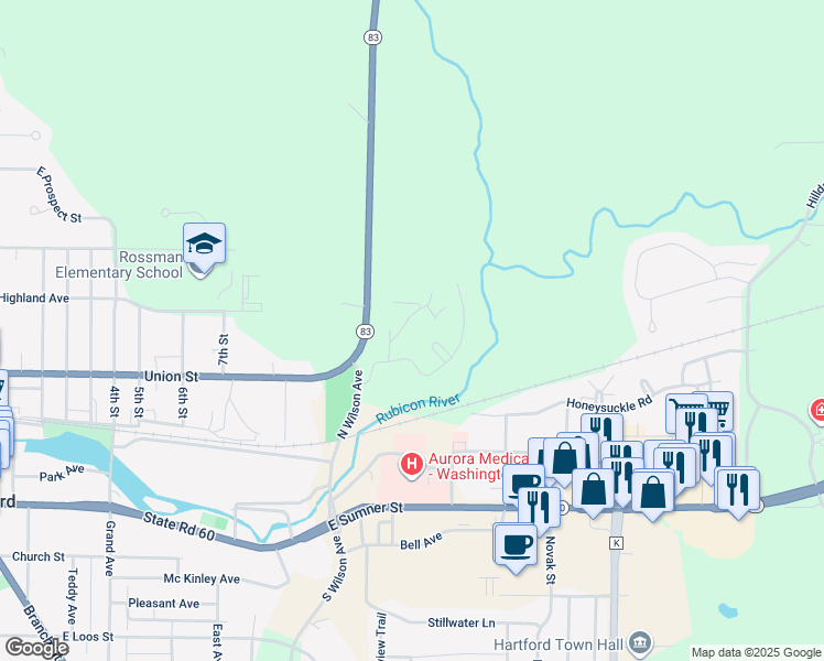map of restaurants, bars, coffee shops, grocery stores, and more near 1040 Riverbend Drive in Hartford