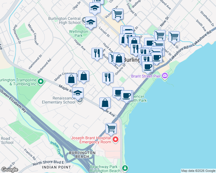 map of restaurants, bars, coffee shops, grocery stores, and more near 490 Nelson Avenue in Burlington