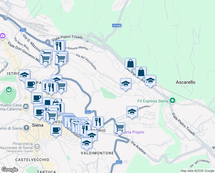 map of restaurants, bars, coffee shops, grocery stores, and more near Via Duccio di Boninsegna in Siena