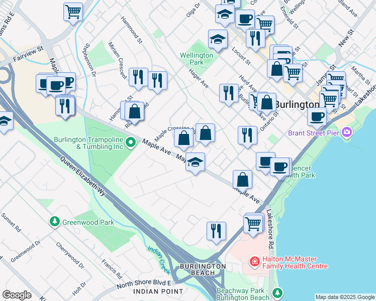 map of restaurants, bars, coffee shops, grocery stores, and more near 1275 Maple Crossing Boulevard in Burlington
