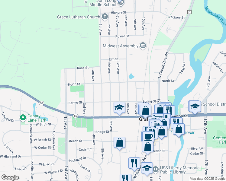 map of restaurants, bars, coffee shops, grocery stores, and more near 1014 6th Avenue in Grafton