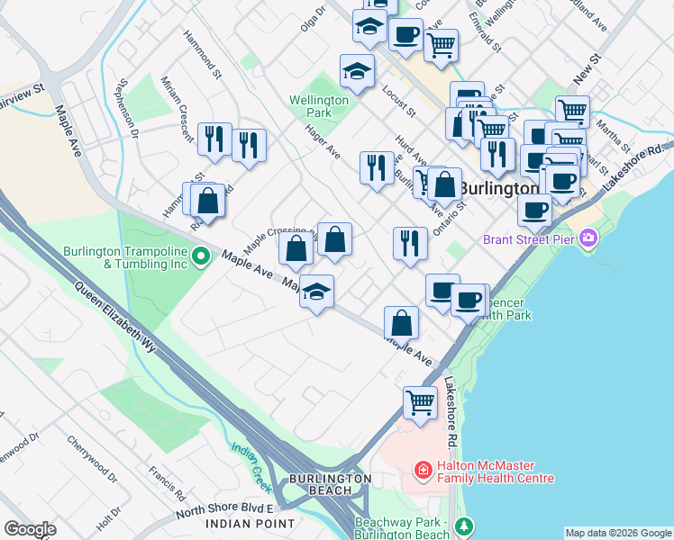 map of restaurants, bars, coffee shops, grocery stores, and more near 1276 Maple Crossing Boulevard in Burlington